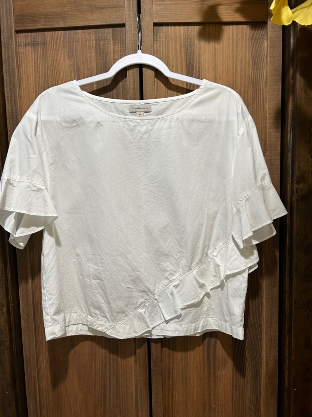 Calvin Klein White Ruffle Diagonal-Detail Blouse